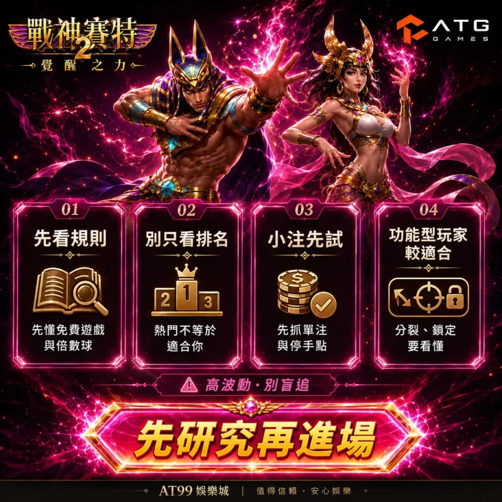 ATG賽特2新手攻略,整理先看規則、別只看老虎機排名、小注試玩與功能玩法四大重點,協助玩家了解戰神賽特2遊戲特色。