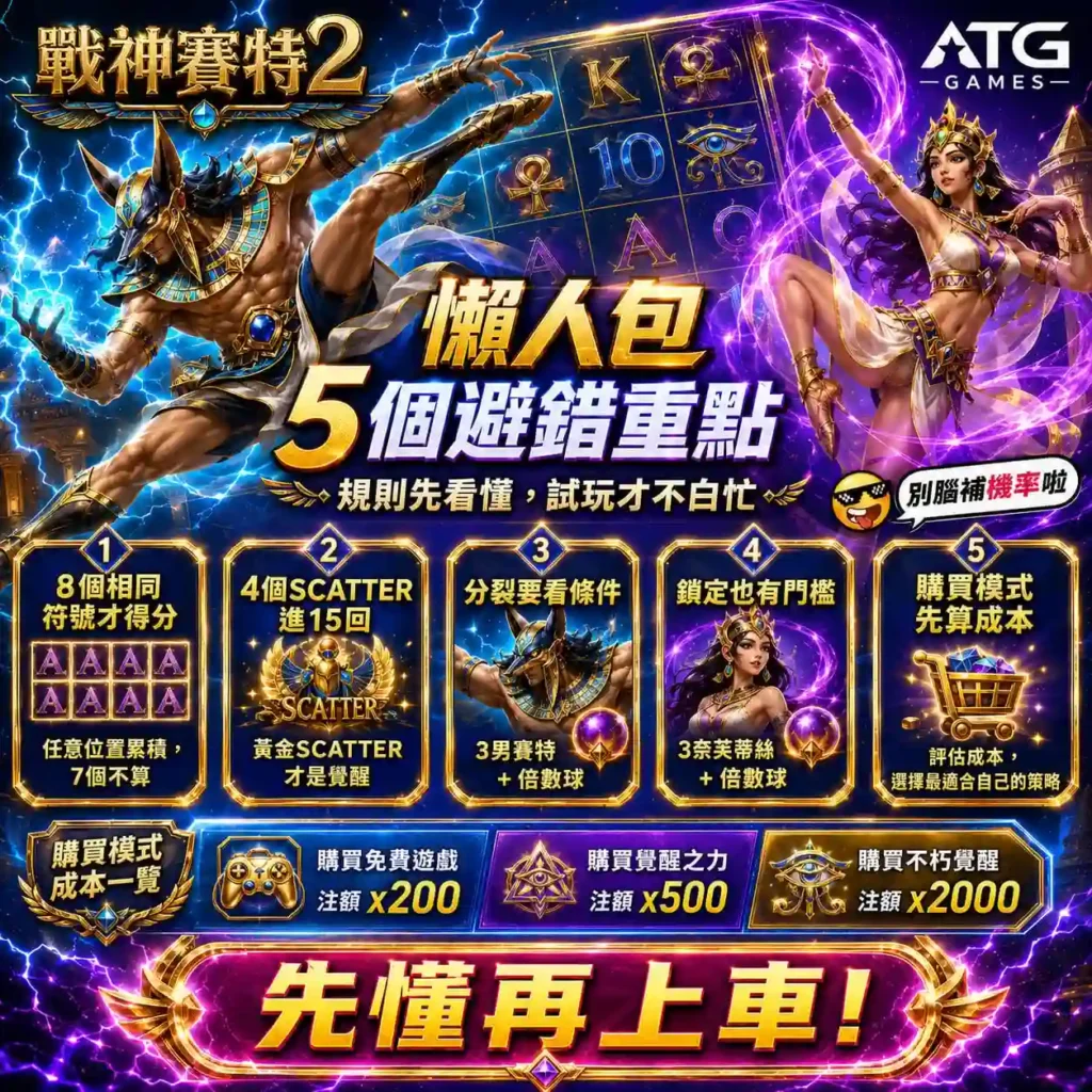 戰神賽特2懶人包五大避錯圖,整理8符號得分、SCATTER、分裂鎖定與購買模式成本