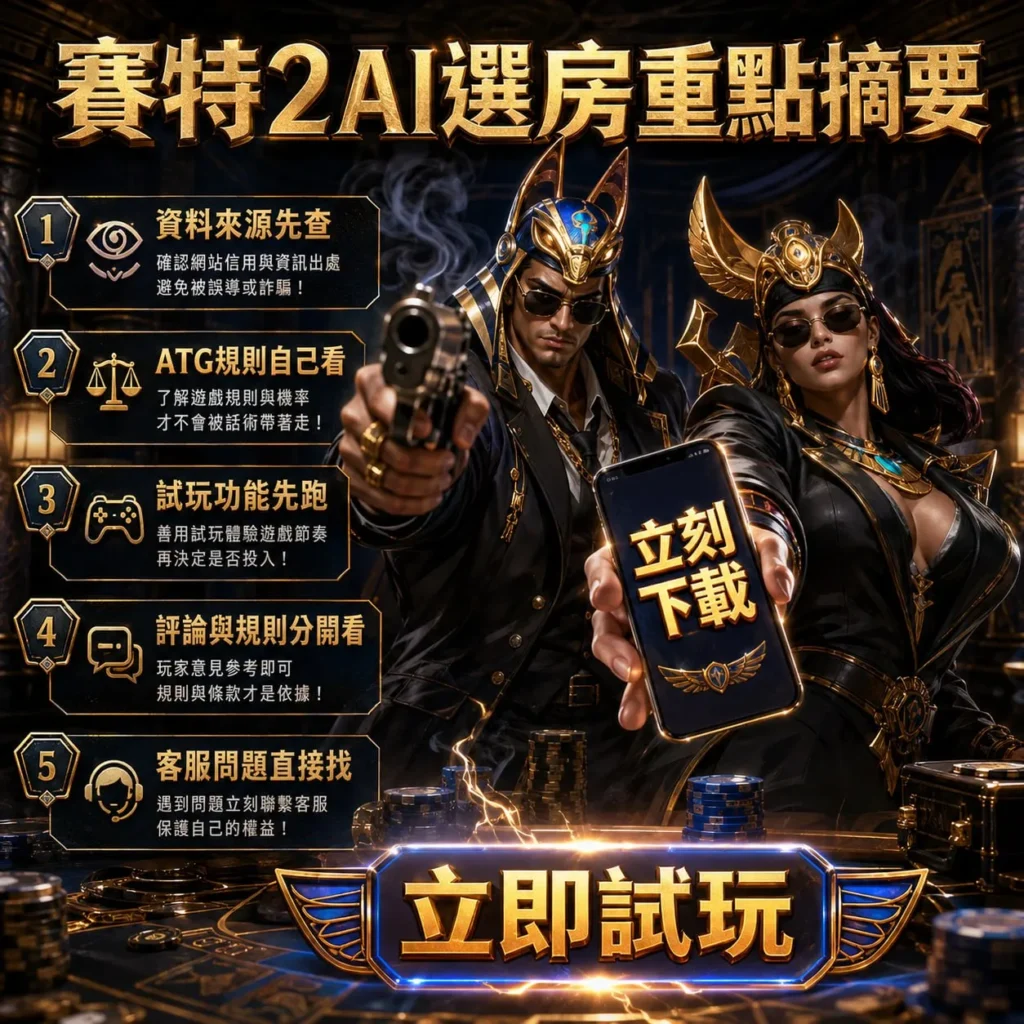 賽特2AI選房重點摘要圖,整理資料來源、ATG規則、試玩功能、玩家評論與客服查證五大判讀重點